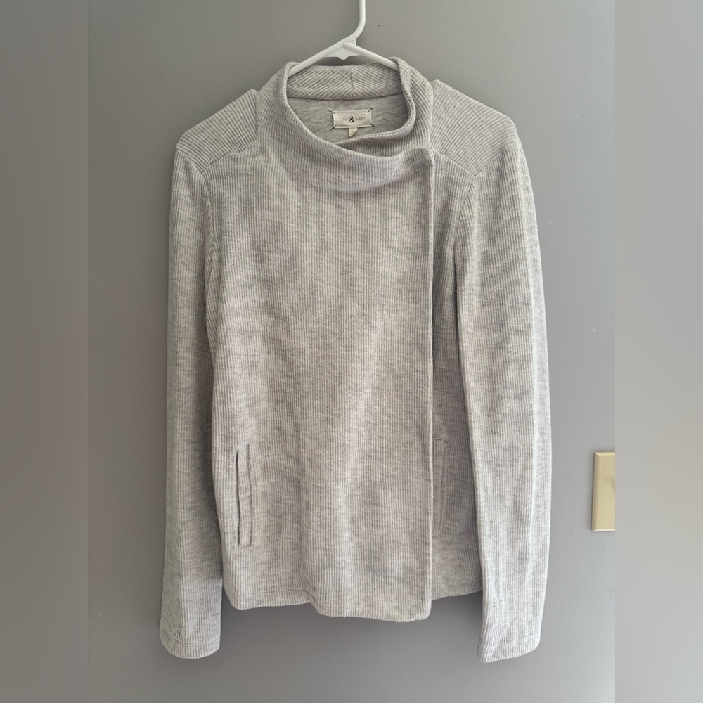 Lou & Grey Womens Ribbed Light Grey Cardigan SZ SM Button Closure Moto Modern